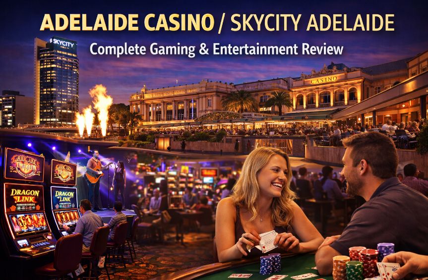 Adelaide Casino SkyCity Adelaide night view with slot machines, poker table players, live music stage and illuminated historic casino building in South Australia