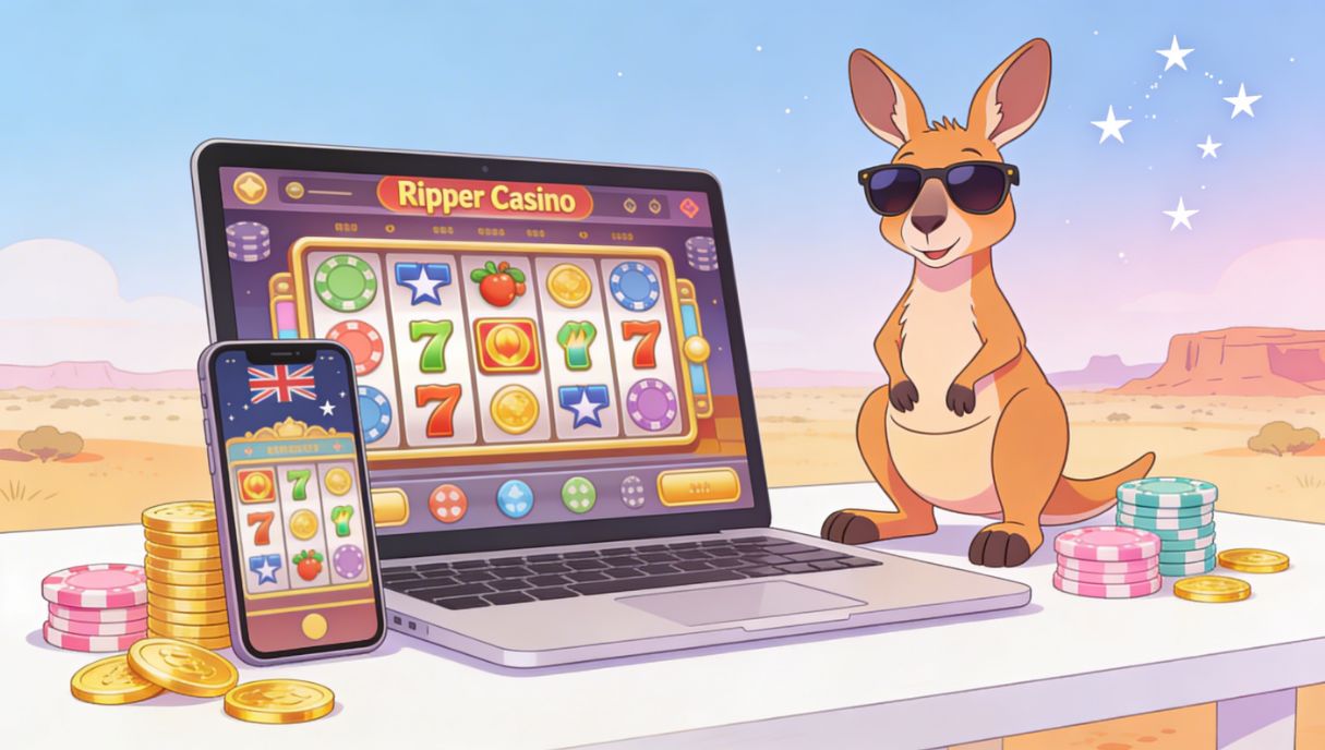 Light Aussie themed online casino illustration with laptop and phone showing Ripper Casino style pokies lobby for Ripper Casino