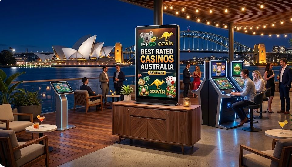 A luxury rooftop lounge overlooking the Sydney Opera House at night with digital displays showing best rated online casinos Australia reviews including Fair Go, Ozwin, Ripper, Woo, Bizzo, National and KIng Billy brands.