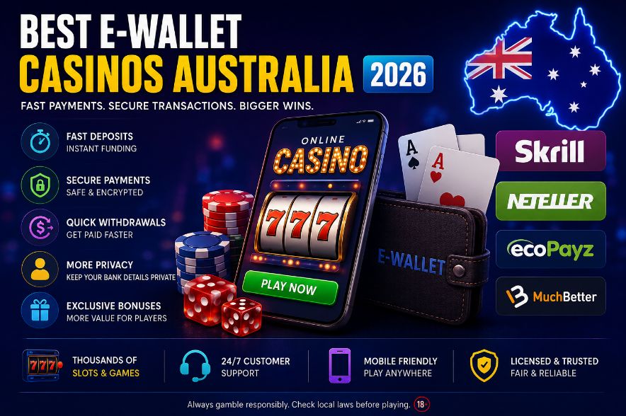 Best E-Wallet Casinos Australia 2026 infographic featuring Skrill, Neteller, ecoPayz and MuchBetter payment methods, fast withdrawals, secure transactions, mobile casino gaming and online casino bonuses for Australian players.