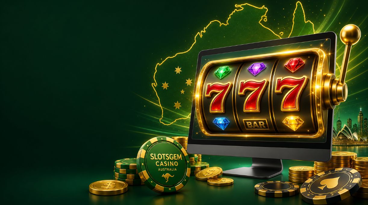 Glowing slot machine reels with gem symbols and 777 on a computer screen, with Australian map in green and gold for SlotsGem Casino review