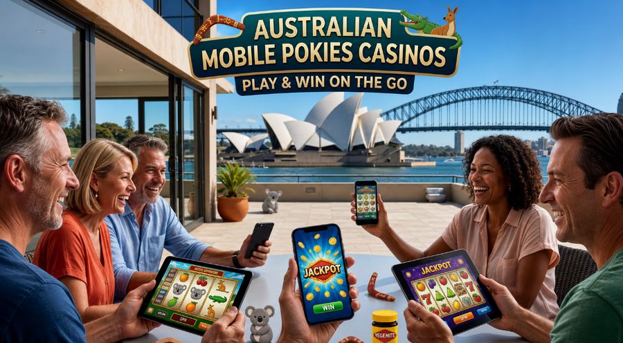 A group of friends laughing and playing mobile casino games and online pokies on smartphones and tablets on an outdoor balcony overlooking the Sydney Opera House and Harbour Bridge.