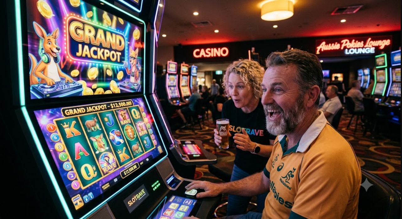 A man wearing an Australian Wallabies rugby shirt celebrates hitting a 'Grand Jackpot' on a Slotrave pokie machine in an Australian casino lounge.