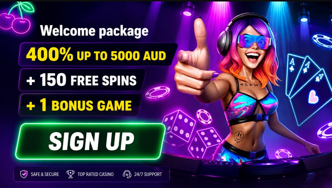 SlotRave Casino Australia welcome bonus banner with 400% up to 5000 AUD, 150 free spins and 1 bonus game offer featuring neon graphics and a smiling female player giving thumbs up